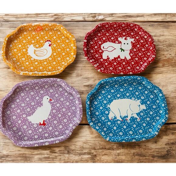 Other - 4 Vintage Country Calico Thin Tin Trinket Trays Barnyard Farm Animals JSNY